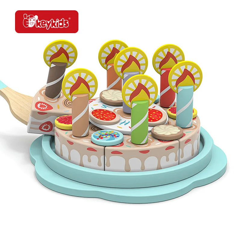Wooden Fruit Birthday Cake Play Set with Pink and Blue with Candles, Toppings and Serving Spatula for Pretend Play W10B528